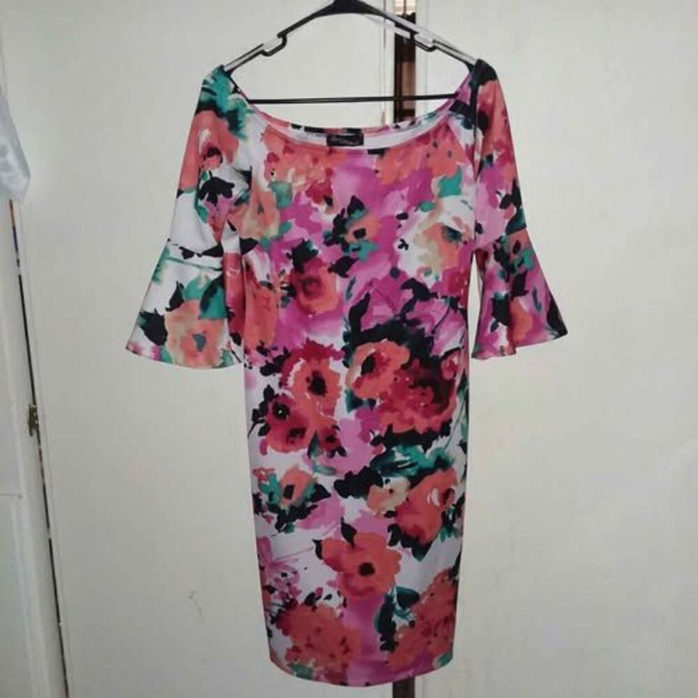 Wide Neck Bell Sleeve Wide Neck Floral Sheath Dress M